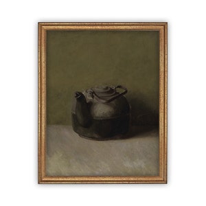 May include: A framed painting of a still life featuring a black metal teapot with a silver lid and handle against a green background.