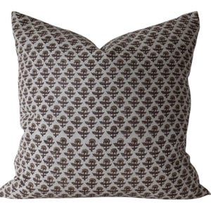 Block Print Floral Pillow Cover: Natural Linen Tan Brown