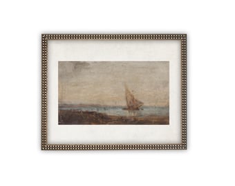 May include: A framed landscape painting featuring a sailboat on a body of water under a muted, cloudy sky. The artwork is enclosed in a dark, textured frame with a repeating stud pattern and a wide, off-white mat border surrounding the central image.