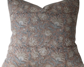 Floral Block Print Pillow Cover: Pink, Blue Linen, Modern Farmhouse