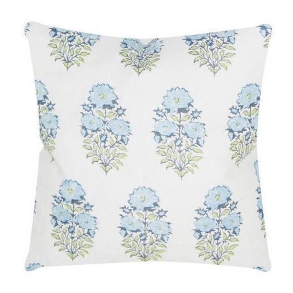 Lisa Fine Mughal Flower Pillow Cover in Monsoon // Designer Flower Pillow // Blue Throw Pillows // Farmhouse Pillow Cover