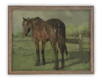 Vintage Framed Canvas Art  // Framed Vintage Print // Vintage Painting // Horse Art // Farmhouse print //#A-123