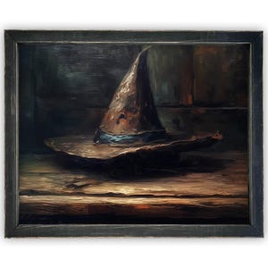 Vintage Framed Canvas Art // Framed Vintage Print // Vintage Halloween Painting // Witch Hat Wall Art // Halloween print //#H-103 image 2