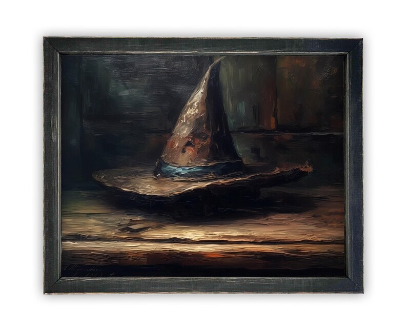 Vintage Framed Canvas Art // Framed Vintage Print // Vintage Halloween Painting // Witch Hat Wall Art // Halloween print //#H-103 image 2