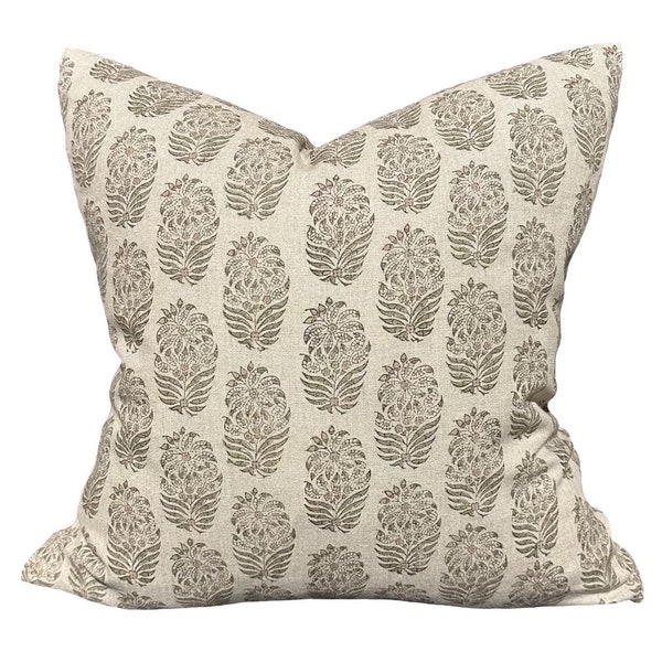 Designer "Florence" Samaya Natural olive mocha Pillow Cover // Block Print Pillow Cover // Boutique Pillow Covers // Floral Linen Pillows