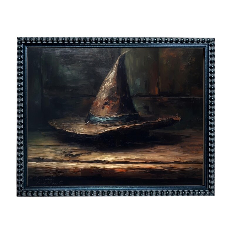 The image is a painting of a hat, possibly a witch's hat, sitting on a wooden surface.