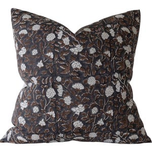 Designer &quot;Everson&quot; Block Print Floral Pillow Cover // Black Brown Linen Pillow Cover // Boutique Pillow Covers // Modern Farmhouse