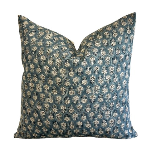 Designer Floral Indigo Blue on Natural Linen Pillow Cover Etsy