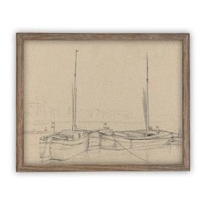 Vintage Framed Canvas Art  // Framed Vintage Print // Vintage Painting // Vintage Sailboat Sketch // Farmhouse print //#COAS-188