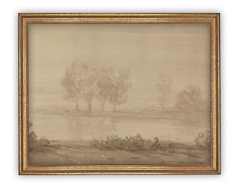 Vintage Framed Canvas Print: Muted Landscape, Neutral Minimalist Art