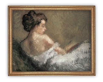 May include: An oil painting in a gold frame depicting a person with dark hair styled in an updo, shown in profile while reading a book. The figure wears a white garment with textured brushstrokes against a muted, earthy-toned background.