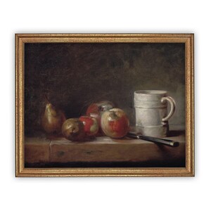 Lienzo enmarcado con bodegón de frutas vintage: Arte para cocina de estilo rústico.