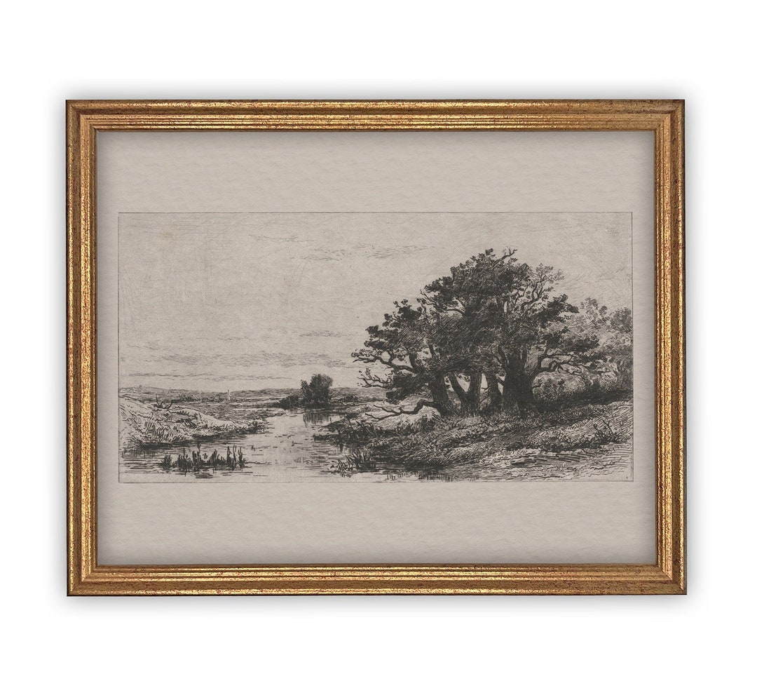 Vintage Framed Canvas Art // Framed Vintage Etching Print // Vintage