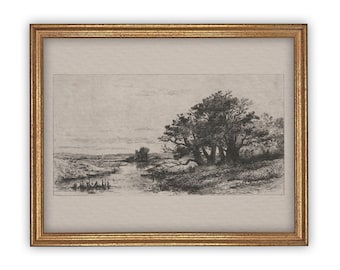 Vintage Framed Canvas Art  // Framed Vintage Etching Print // Vintage Painting // Black White Oak Tree Sketch // Farmhouse print //#LAN-134