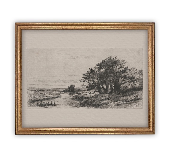 READY to SHIP 11x14 Vintage Framed Canvas Art // Framed Vintage Etching  Print // Black White Oak Tree Sketch // Farmhouse Print //LAN-134 