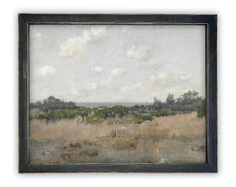 Framed Vintage Canvas Print: Muted Farmhouse Landscape Art