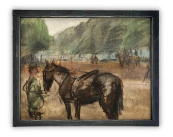 Vintage Framed Canvas Art  // Framed Vintage Print // Vintage Painting // Horse and Rider Equestrian Art // Farmhouse print //#A-165