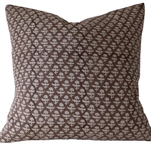 Block Print Floral Pillow Cover: Tan Brown Linen, Modern Farmhouse