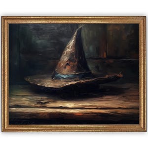 Vintage Framed Canvas Art // Framed Vintage Print // Vintage Halloween Painting // Witch Hat Wall Art // Halloween print //#H-103 image 3