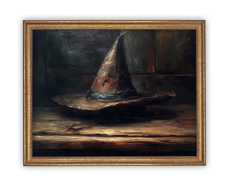 Vintage Framed Canvas Art // Framed Vintage Print // Vintage Halloween Painting // Witch Hat Wall Art // Halloween print //#H-103 image 3