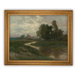 Vintage Framed Canvas Print: Green Landscape, Farmhouse Art
