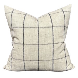 Plaid Throw Pillow Cover: Cream, Black & Gray Linen