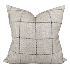 Designer Bancroft Wool Plaid Pillow Cover in Fog // Gray Wool Plaid Pillow // Modern Farmhouse Pillow Cover // Wool Pillows