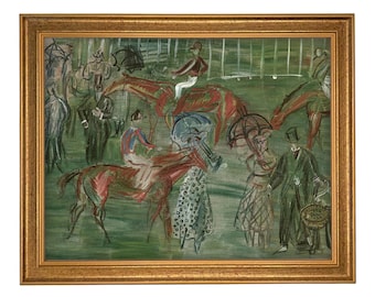 May include: A framed painting depicting a horse racing scene with jockeys in colorful silks riding brown horses. Spectators in formal attire, including top hats and dresses, hold umbrellas amidst a green, textured background. The artwork is enclosed in a gold-toned frame.