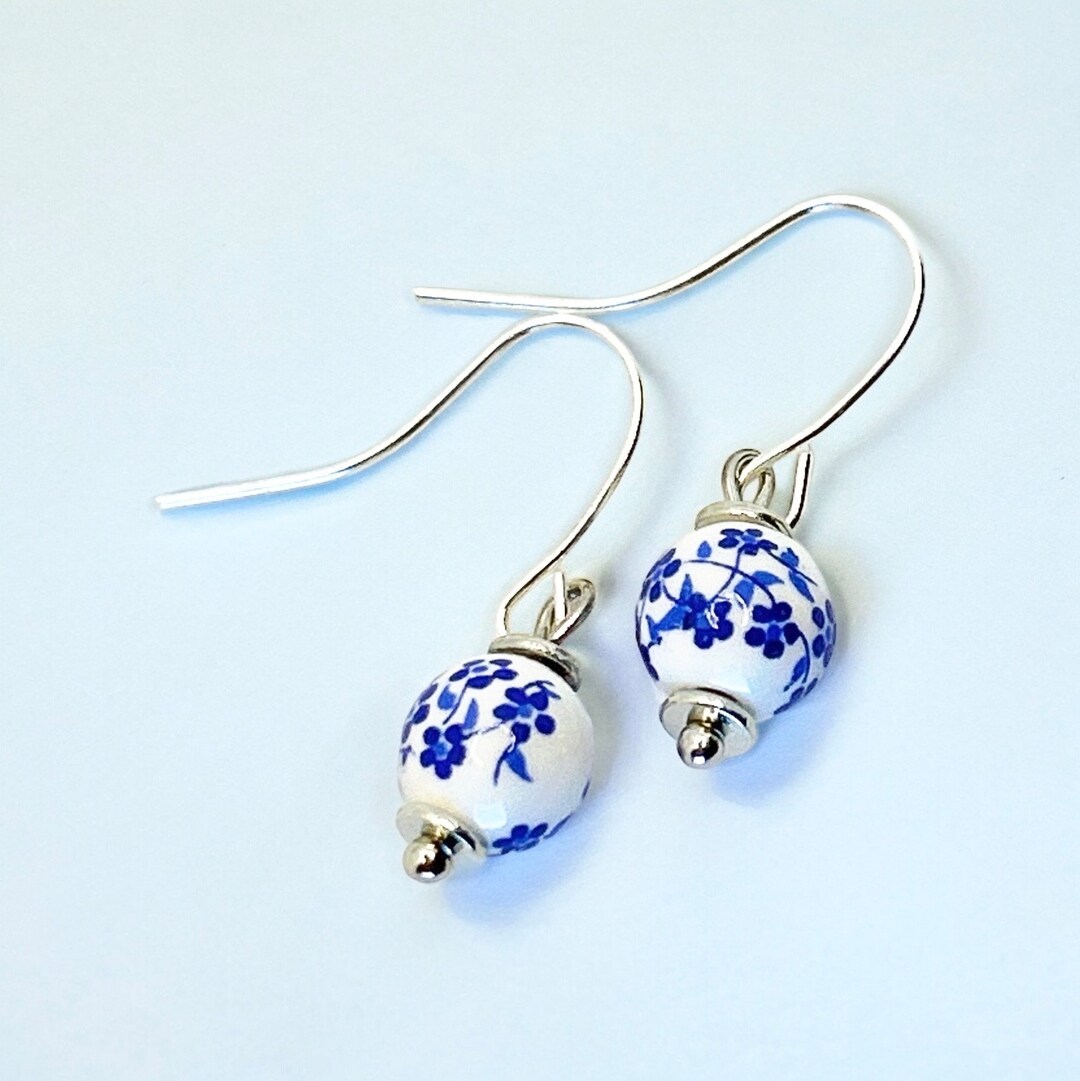 Porcelain Blue Flower Earrings, Dainty Earrings Porcelain, Vintage ...