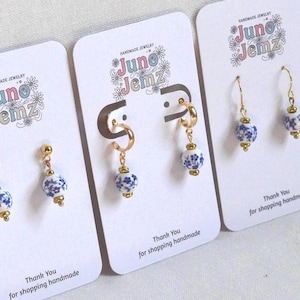 Blue White Porcelain Floral Earrings, Chinoiserie Dangles, Gold Hoop Drops, Trending Cottagecore Jewelry