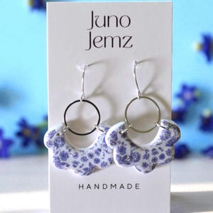Blue and White Vintage Floral Print Scalloped Earrings