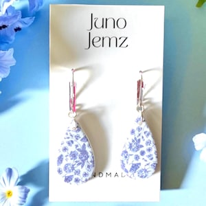 Blue and White Vintage Floral Print Teardrop Dangle Earrings