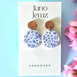 Blue and White Vintage Floral Print Round Dangle Earrings