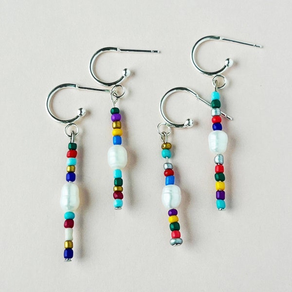 Beaded Dangle Bar Earrings, Small Beaded Stick Earrings, Colorful Beaded Boho Earrings, Mini Silver Hoop Earrings, Handmade Beaded Earrings