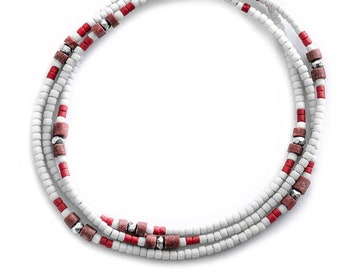 3 Warps White & Red Heishi Afghan Beads Bracelet, Karen Hill Silver Beads, Colorful Bohemian Bracelet, Heishi Men Bracelet, Blood Jewelry