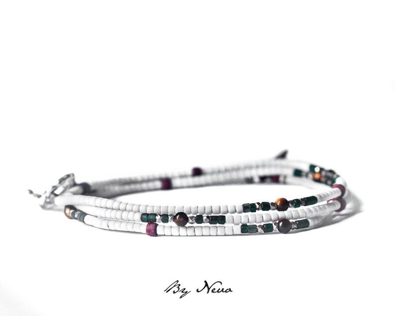 3 Lines bracelet Colorful Bohemian Bracelet White Heishi Afghan Beads Jewelry Sterling Silver Green Red and Brown 3 Wraps Bracelet