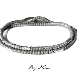 Gray / Black 2 Wraps Bracelet With Sterling Silver Tube Beads, Karen Hill Tribe Jewelry, Woven Gray Bracelet, Sterling Silver Wrap Jewelry
