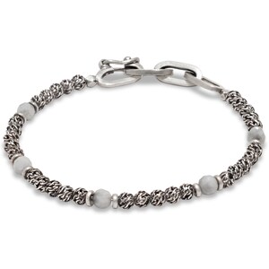 May include: A silver bracelet with a chain link design and grey beads.