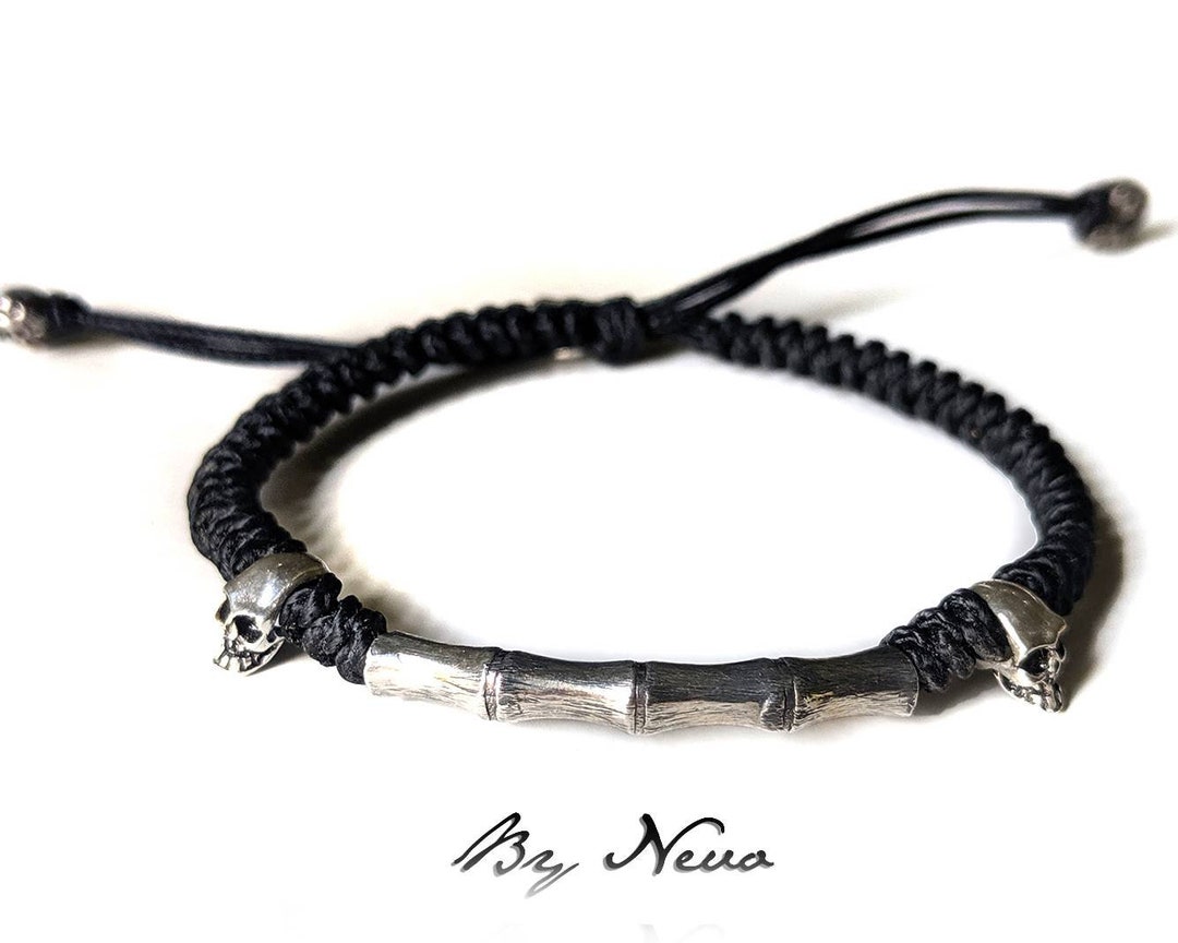 Black Braided Paracord Bracelet With Silver Skulls and Bone Etsy