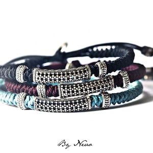 Schwarzes, tiefrotes oder hellblaues Paracord-Armband mit 925er Sterlingsilber-Röhrenperlen, handgefertigter Paracord-Krawattenschmuck, verstellbarer Verschluss