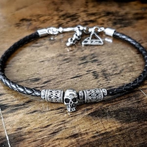 Braided Leather Bracelet with Small Sterling Silver Skull, Skulls Leather Bracelet, Mens Leather Bracelet, Womens Leather Bracelet,