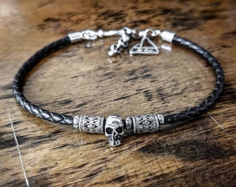 Braided Leather Bracelet with Small Sterling Silver Skull, Skulls Leather Bracelet, Mens Leather Bracelet, Womens Leather Bracelet,