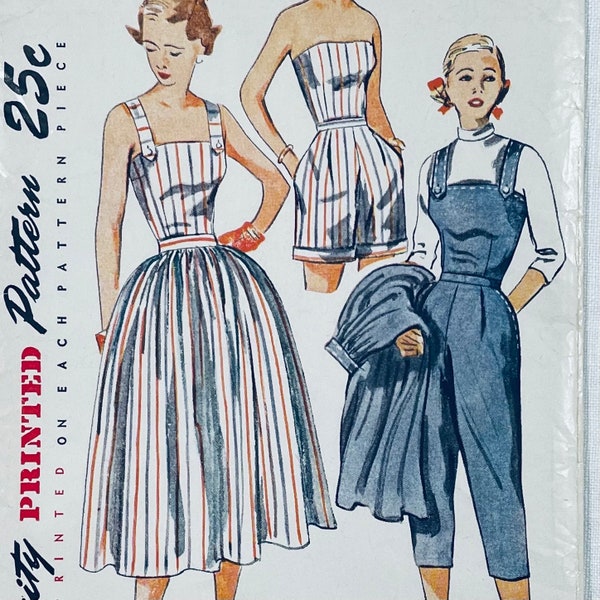 B-31-25.5-34 UNCUT playsuit , Capri pants, shorts, camisole or strapless top & skirt, 1950s PRINTED pattern, Simplicity 3583, beach wear