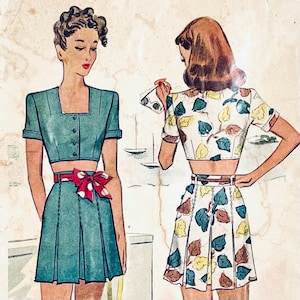 1940s playsuit pattern, middy crop top, shorts skirt, blouse, beachwear, McCall 6074 McCalls, b-32