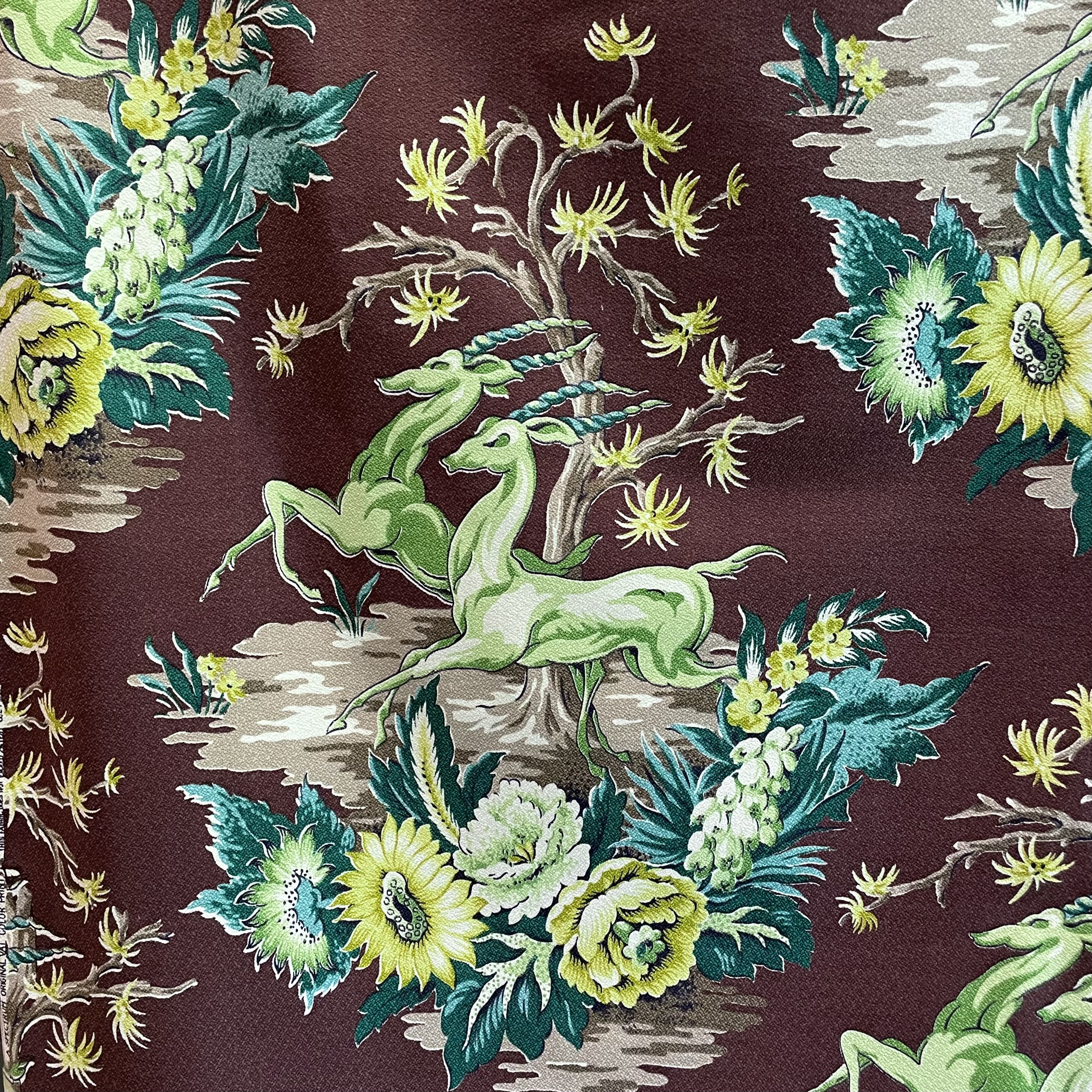 1930s barkcloth leaping GAZELLES & floral, BTY 48”, chocolate brown, greens, golds, cotton fabric, drapes, upholstery, wall hanging