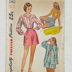 B-34, playsuit, bra top, beach coat and high waist shorts, 1940s 1950s printed pattern, Simplicity 2462,