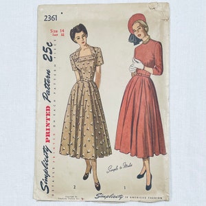B-32, square neck dress fit and flare, circle skirt, cocktail dinner or day dress, full skirt, Simplicity 2361, 1940s 1950s pattern
