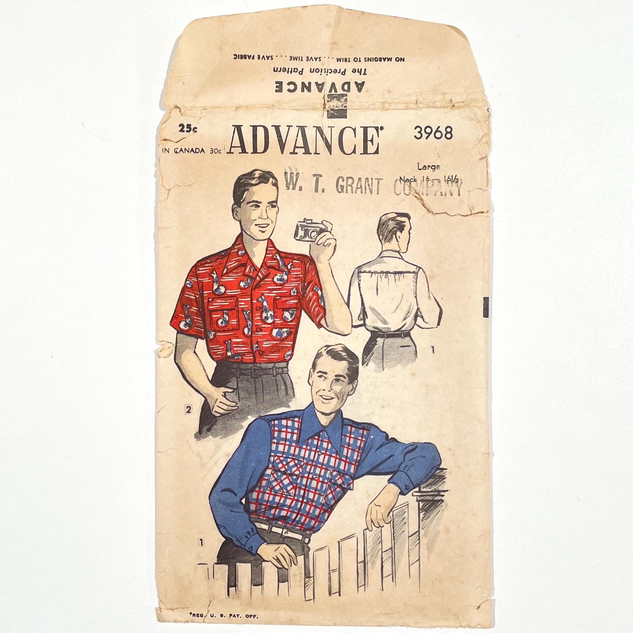 Large 1940s mens shirt pattern, dagger collar, patch pocket, long or short sleeves, UNCUT, Advance sewing 3968