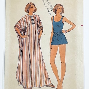 1970s kaftan pattern UNCUT 1970s bathing suit, swim suit, tankini, coverup, robe pattern, Butterick 4862,