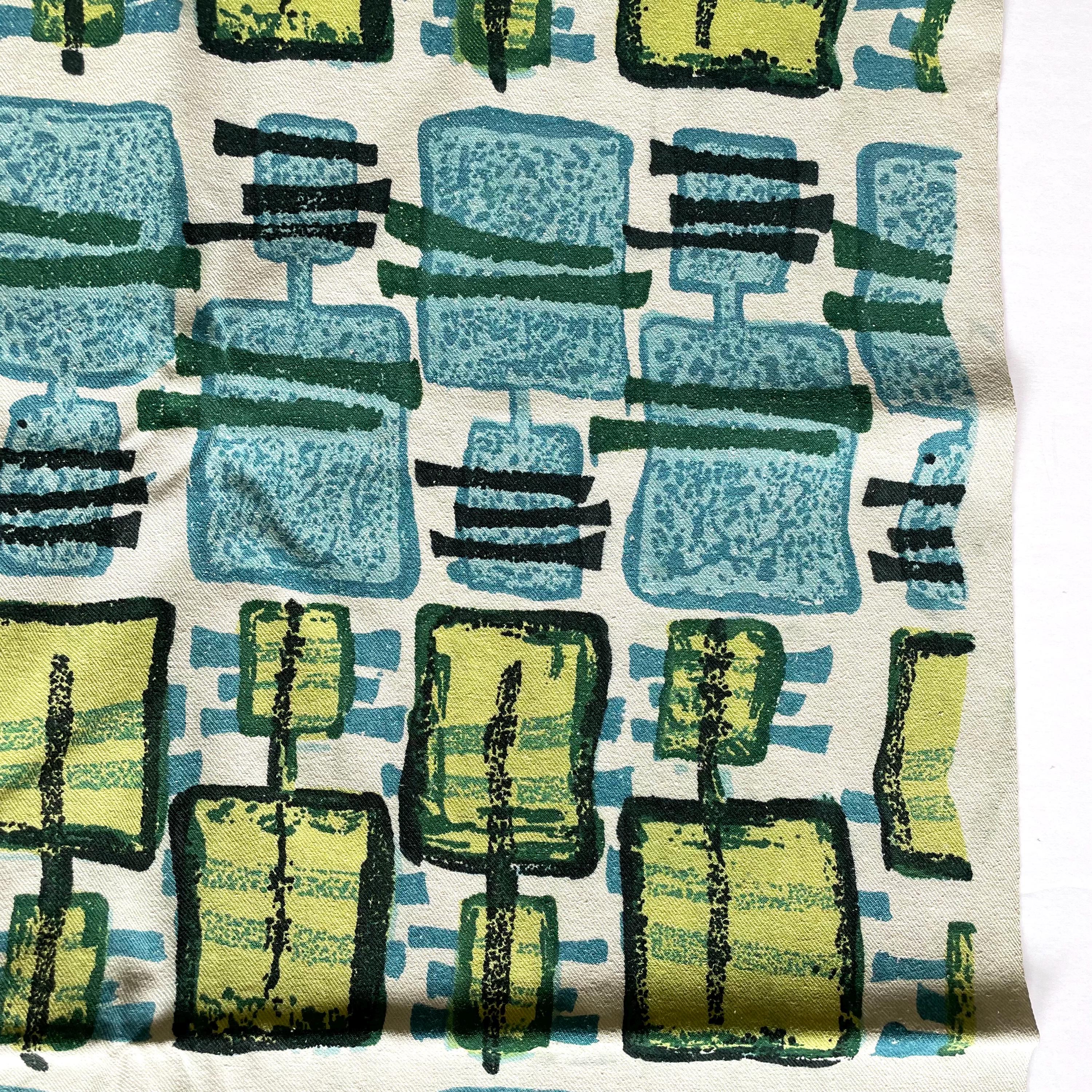 Textile Blocks Modern 1960s Mid Century Modern Geometric Cotton Fabric: Blue Green Upholstery ...